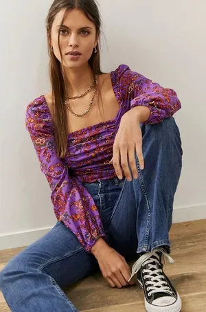 Urban Outfitters Purple Floral Ruched Long‎ Sleeve Crop Top Smocked Back XS thumbnail 1