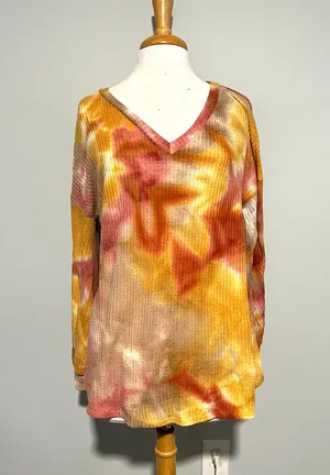 BiBi Colorful Pink Yellow Tan Colorful Tie Dye Waffle Knit Top Shirt thumbnail 1