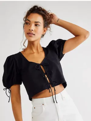 Free People Kitty Tee Black Cropped Puff Sleeve Tiered Tie-Front Closure Size XS thumbnail 1
