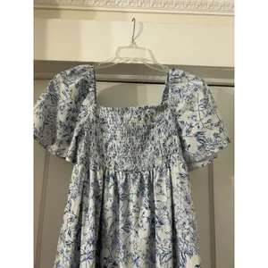 Blue Smocked Floral Toile Puff Sleeve Maxi Dress Cottagecore Ruffle Modest Sz 6 thumbnail 4