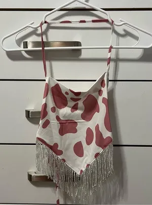 White & Pink Cow Print Halter Tank Top thumbnail 2