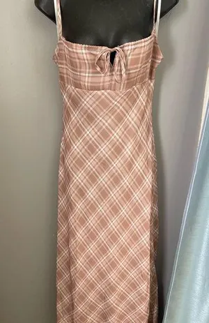 Princess Polly Plaid Maxi milkmaid Dress in tan and White thumbnail 1