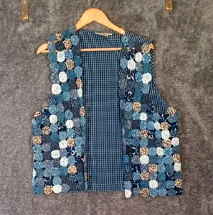 Susan Bristol Blue Patchwork Flowers Vintage Cottagecore Festival Vest Womens L thumbnail 1