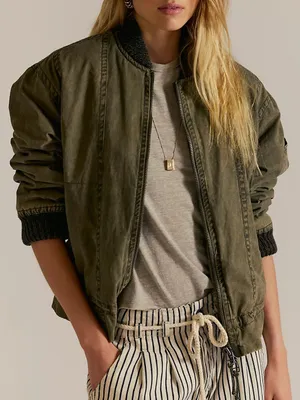Free People We The Free Jax Washed Bomber in Olive Green NWT thumbnail 1