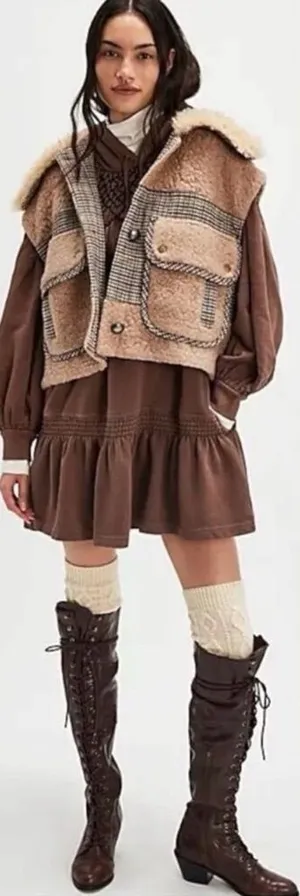 Free People Bohemian Marty Smocked Mini Dress Brown Bear Sweatshirt Tunic Medium thumbnail 1