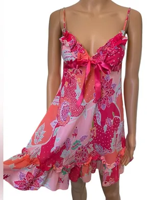 Avon Intimates Pink Eclectic Boho Hippie Barbie Ruffle Lingerie Mini Slip Dress thumbnail 1