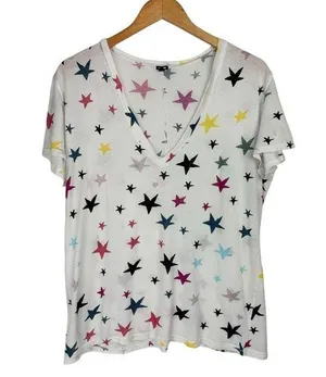 Monrow Womens Vneck Colorful Star Print Tshirt Sz Large Cotton thumbnail 1