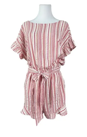 Loft Candy Stripe Romper LARGE Ruffled Sleeves Boat Neck Red Pink Tan thumbnail 1