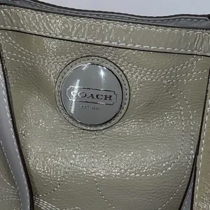 Coach Womens Gross Grain Patent Leather Stitch Tote Shoulder Bag Green Gray Medi thumbnail 2