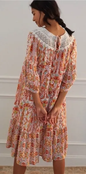 Anthropologie Lounge Dress Florence Floral Lace XS Boho Tiered Puff Sleeve thumbnail 1