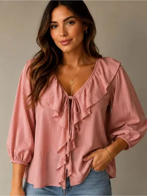 F&F NWT Ruffle Tie Front Blouse Romantic Boho Cottagecore Pink Top thumbnail 1