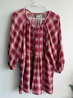 Maeve Anthropologie Womens Pink Plaid Rayon Tunic Top Boho Relaxed Large L thumbnail 1