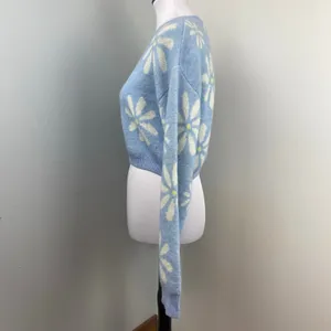 Witty Fox Blue Retro Floral Cropped Knit Sweater Large Daisy thumbnail 5