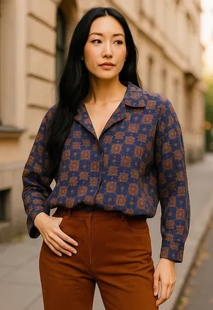 Liz Claiborne Vintage 70s Style Boho Paisley Blouse Earthy Dark Academia Rayon Size 10 thumbnail 1