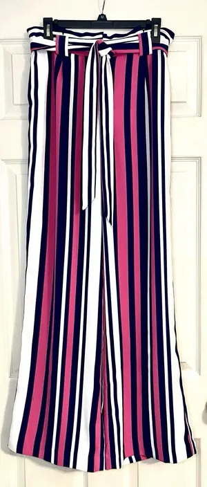 Express SzM High Rise Striped Paperbag Wide Leg Pants Pink Navy White thumbnail 2
