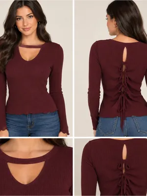 Burgundy ribbed tunic keyhole front and unique tie back Red thumbnail 2