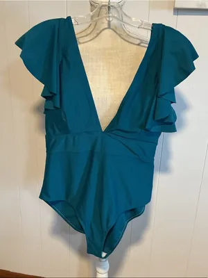 Teal Ruffle Sleeve V-Neck One-Piece Swimsuit thumbnail 1
