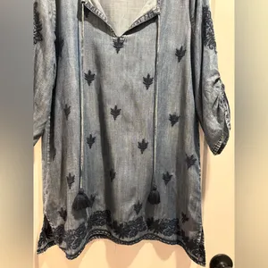 Soft Surroundings Denim Embroidered Tunic/Dress Tie Neck Tassels3/4 Sleeves Sz L thumbnail 3