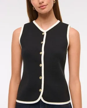 Abercrombie Mara V-Neck Gold Button Sweater Vest Womens M Black Preppy Old Money thumbnail 1