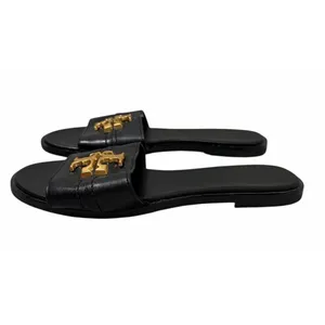 Tory Burch Everly‎ Calf Leather Gold Logo Slide Sandals Black Women's Size 7M thumbnail 4