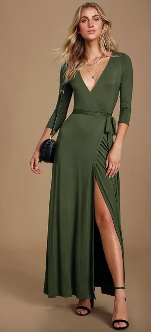 Lulus Garden District Olive Green Wrap Maxi Dress Stretch Jersey Knit Small NWT thumbnail 1