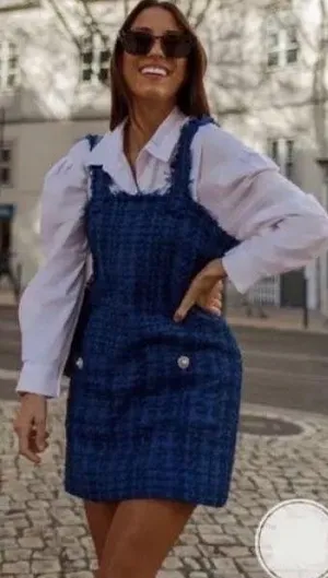 Bloggers Favorite Blue Textured Pinafore Dress thumbnail 1