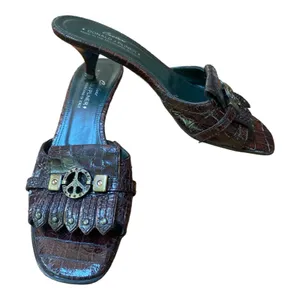 Donald J.Pliner Couture Brown Gator Embossed Kitten Heel Sandals 7.5 Y2K Studded thumbnail 7