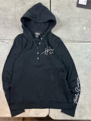 Harley Davidson Womens Thermal Hoodie Black Rhinestone Henley Waffle Knit Large thumbnail 1