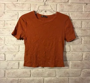 Zara Women Orange Ribbed Short Sleeve Crew Neck Crop Top T-Shirt Size M thumbnail 1