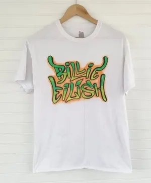 Billie Eilish T-Shirt Size M White Graffiti Logo 2019‎ Tour Merch Graphic Tee thumbnail 1