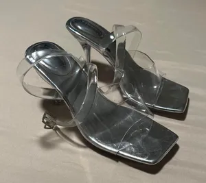 Silver and clear 3 inch heels with square toe and open back Size 8 thumbnail 1