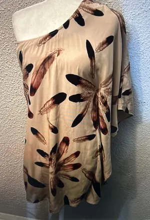 Audrey 3+1 Brown/Tan One Shoulder Feather Top Dress Kaftan Tunic Coverup Boho thumbnail 1