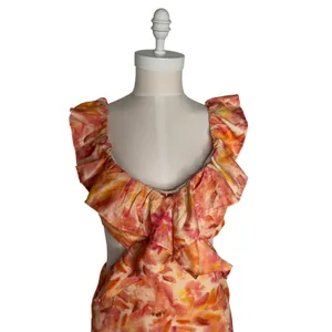 Micas Floral Ruffle Cut Out Maxi Dress Orange Pink Watercolor Size M NWT thumbnail 13