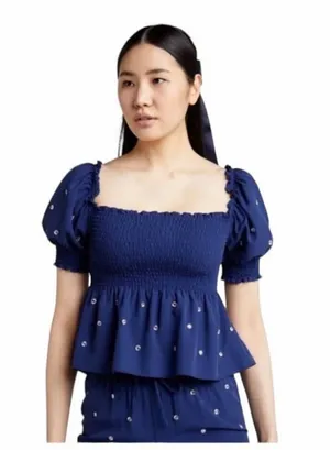 Nwt Hill House Blue Jewel Jammie Smocked front top $160 embellished S summer thumbnail 1