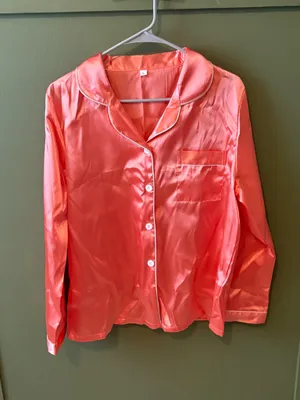 Coral Satin Button Front Pajama Set Pink Size L thumbnail 2