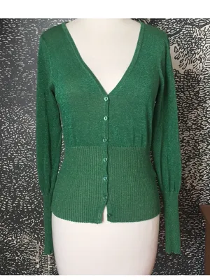 H&M Metallic Green V-Neck Button Cardigan Sweater - Size: Medium thumbnail 8