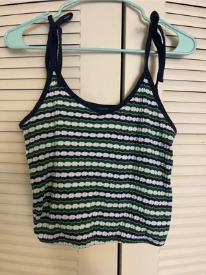 Old Navy Navy, Green & White Striped Tie-Shoulder Tank thumbnail 1