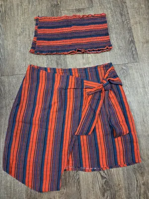 Vestique Navy Blue Orange/Red Tube Top Skirt Set Linen Blend Small Outift thumbnail 1