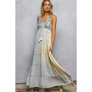 POL Deep V Sleeveless Cotton Bohemian Tiered Maxi Dress -‎ Light Grey - Medium thumbnail 3