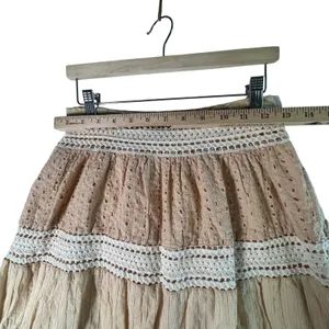 Crochet Lace Eyelet Tiered Mini Skirt S Tan Boho Cottagecore Prairie‎ Fairy Soft thumbnail 5