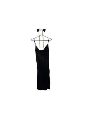 Vintage 90s Style Black Satin Midi Slip Dress Minimalist LBD whimsigoth moody thumbnail 2