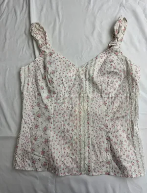 Dreamy Barn Floral Cami Top Pink White Rosebud‎ Smocked Back Knot Straps Medium thumbnail 1