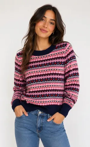 J. Crew Knit Pink Heart Winter Patterned Crewneck Sweater Size M thumbnail 1