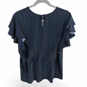 Adrianna Papell Womens Navy Blue White Polka Dot Ruffle Sleeve Blouse Large‎ L thumbnail 2