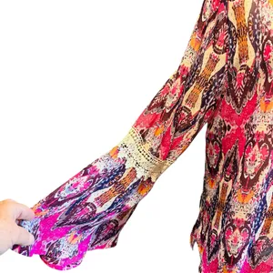 COMO Vintage Top Blouse Tunic SZ L Multicolor Sheer Crochet Bell Sleeves Boho thumbnail 6