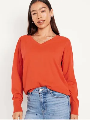 Old Navy Women Large Orange So Soft Loose V Neck‎ Sweater Normcore Minimalist thumbnail 1