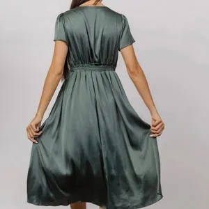 Baltic Born Poppy Satin Midi Dress Dark Sage Green V-Neck Peek Tie Front Size L thumbnail 5