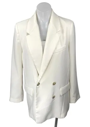 Zara Women's White Double Breasted Notch Collar Long Sleeve Blazer Coat Jacket M thumbnail 1