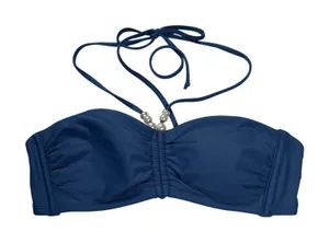 Shade & Shore Bandeau Bikini Top Women's Small Blue Ruched Front Faux Pearl NWT thumbnail 1