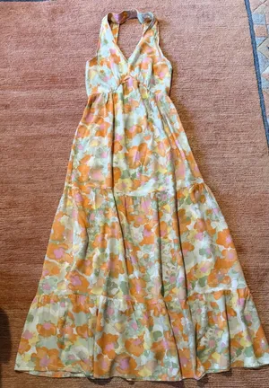 Japna Size S Multicolor Abstract Halter Tiered Maxi Dress 100% Rayon thumbnail 1